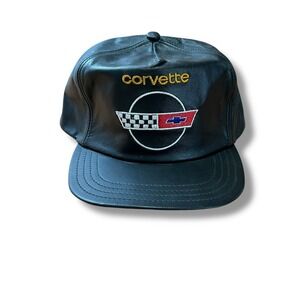 Vintage 90's Corvette Genuine Leather Hat Made in USA Adjustable Strapback